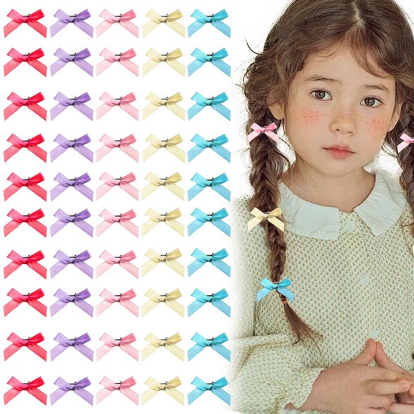 50 PCS Small Hair Bows,Bow Ribbon Hair Clips for Girls,Hair Bow Clips Barrettes Bowknot Hair Clip Little Bows Hair Accessories for Women and Girls