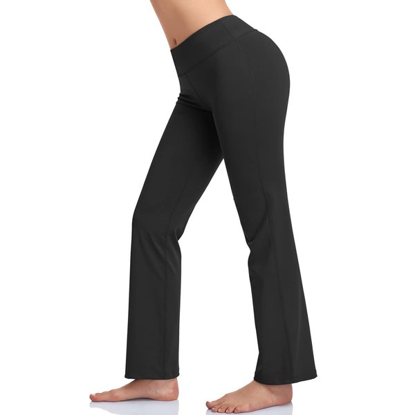HISKYWIN Inner Pocket Yoga Pants 4 Way Stretch Tummy Control Workout Running Pants, Long Bootleg Flare Pants HF2-Black-L