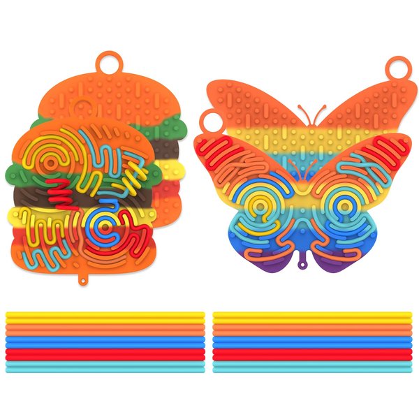 2 Pack Silicone Sensory Activity Board, Double-Sided Fidget Toy for Fine Motor Skills, Calming, Stress Relief, ADHD, Autism, Kids 3+ & Adults(Hamburger,Butterfly)