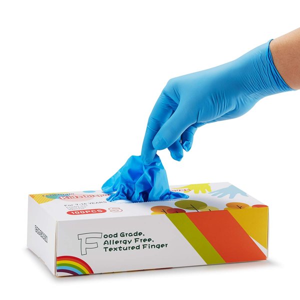Kids Disposable Nitrile Gloves for 7-14 Years - Latex Free, Food Grade, Powder Free - for Halloween Preparation, Crafting, Painting, Gardening, Cooking, Cleaning - 100 PCS Blue