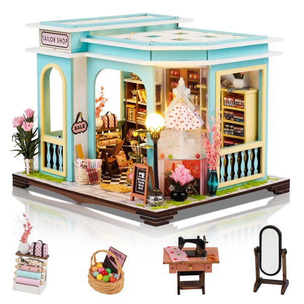 Foyucool DIY Miniature House Kit, Dollhouse Kit with Furnitures, 1:24 Mini House Making Kit for for Adult to Building, Halloween/Home Decorations/Gifts for Family and Friends, Tailor's Store