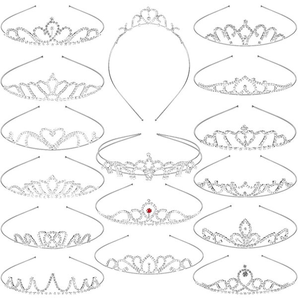 Chuangdi 16 Pcs Bulk Girls Tiara Crown Silver Princess Rhinestone Headband Crystal Wedding Tiara for Kid Women Birthday Party(Lovely Style)