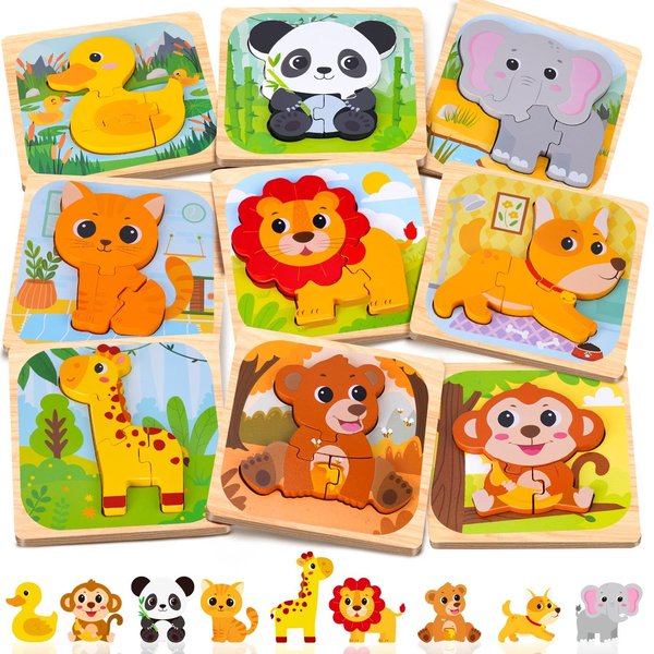 AuntyFey Wooden Puzzle for Toddler 1-3, 9 Pcs Toddler Puzzle Ages 2-4, Baby Animal Puzzle for Toddler, Montessori Puzzles Toys for 1 2 3 Year Old Boy Girl, Learning Educational Puzzle Toy(9 Pcs)
