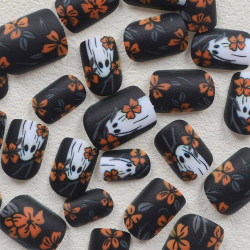 Halloween Along Ghost Press on Nails Branches Gel Glue on Nails 24Pcs Matte Orange Flower Acrylic Short Square False Nails Leaves Fake Nails Stick on Nails for Women Girls with Halloween Ghost