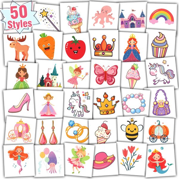 Partywind Temporary Tattoos for Girls, Individually Cut Kids Tattoos for Girls Party Supplies Favors, Birthday Party Decorations Goodie Bag Stuffers, Fake Tattoo Stickers for Children Girls