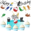 43 Pieces Fish Happy Birthday Banner Glitter Fish Sign Banner Gone Fishing Cupcake Topper Fisherman Cake Decoration for Fishing Theme Birthday Party Decoration Gone Fishing Party Supplies for Men Boys