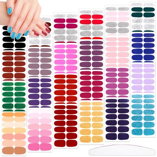JERCLITY 336 Pieces 24 Sheets Glitter Solid Color Nail Polish Strips Glitter Nail Wraps for Short Nails with Nail File Self-Adhesive Colorful Nail Stickers Full Nail Wraps for Women Girls Nail Art