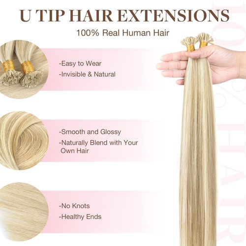GOO GOO Utip Hair Extensions Real Human Hair, 22inch 50g 50S, Hot Fusion Keratin Hair Extensions, Invisible K Tip Hair Extensions, 18A/613A Dark Blonde Highlighted Bleach Blonde