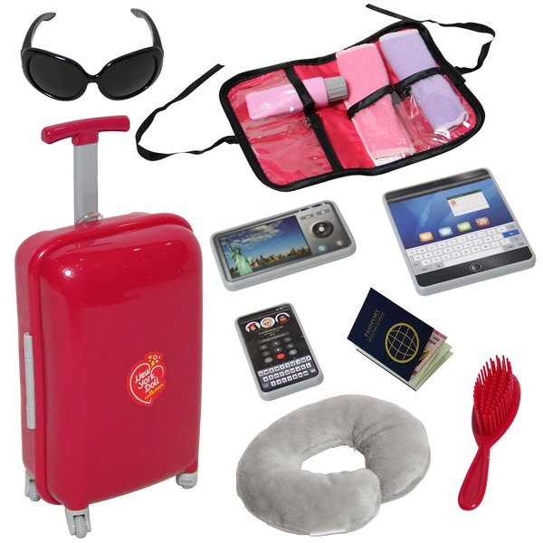 18 inch Doll Accessories -Best Toys for 3 Year Old Girls - 15 PC Travel Playset Toy for Kids Includes Suitcase, Glasses, Pillow - Compatible with Most 18 Inch Girl Dolls