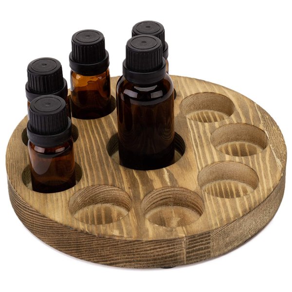 MyGift Small Essential Oil Bottle Holder - 10 Slot Brown Wood Round Storage Display Rack, Nail Polish Holder, Lipstick Organizer
