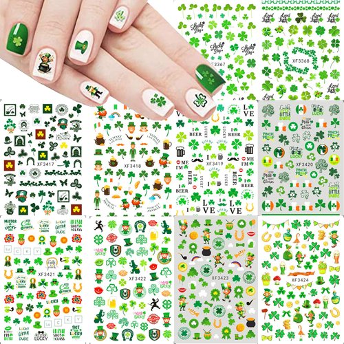 10Sheets St. Patrick's Day Nail Art Stickers Decals Green Lucky Clover 3D Self-Adhesive Exquisite St. Patrick's Day Nail Decals Nail Art Supplies Women Girls Kids Shamrock Nail Decorations