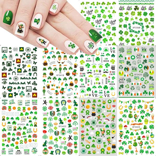 10Sheets St. Patrick's Day Nail Art Stickers Decals Green Lucky Clover 3D Self-Adhesive Exquisite St. Patrick's Day Nail Decals Nail Art Supplies Women Girls Kids Shamrock Nail Decorations