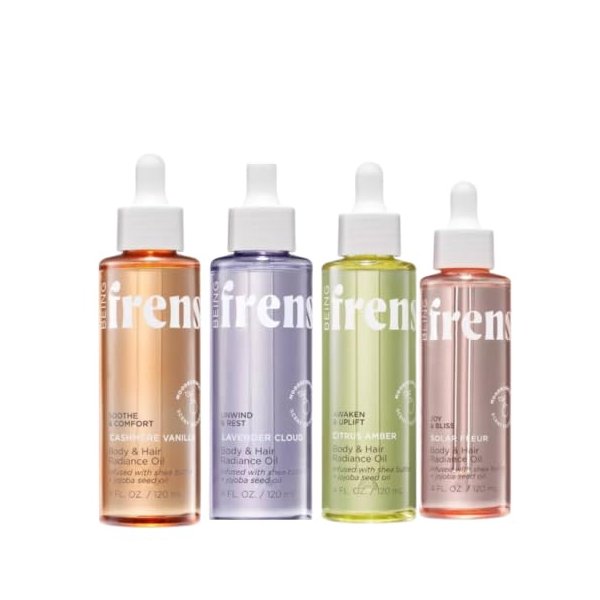 Being Frenshe Radiance Oil 4-Pack - Shea Butter & Jojoba for Dry Skin & Hair - 4 fl oz Each - Solar Fleur, Lavender Cloud, Cashmere Vanilla, Citrus Amber Scents