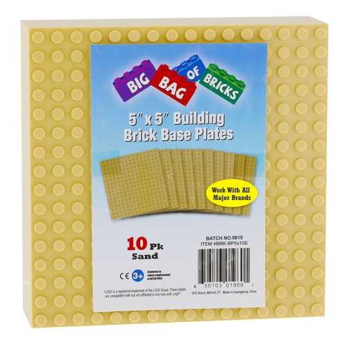 SCS Direct Brick Building Base Plates - Small 5"x5" Sand Baseplates (10pcs) - Dual Connectivity Connects Building Blocks on Both Top and Bottom Sides, Tight Fit w All Brands, Perfect for Play Tables