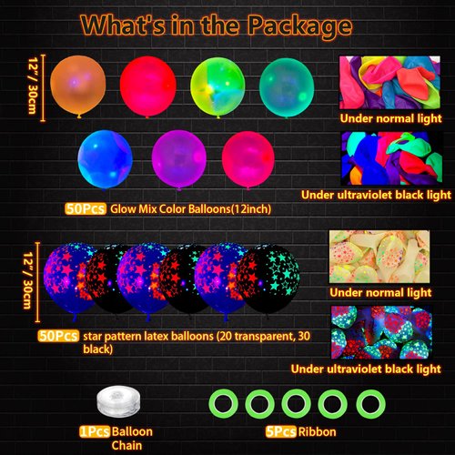 109 Pack UV Neon Balloons Light Up Balloons Glow in The Dark Balloons Blacklight Reactive Fluorescent Stars Latex Balloons Neon Party Supplies Black Lights For Glow Party Balloons Assorted Colors
