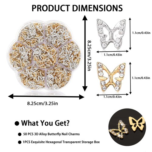 TemBelle Nail Charms, 50 Pcs Butterfly Nail Charms 3D Butterflies Shape Charms for Nails Gems, Nail Art Decorations Supplies (25Pcs Gold, 25Pcs Silver)