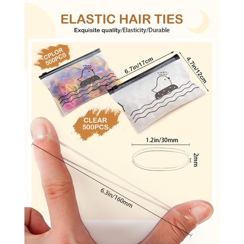 Hair Accessories for Girls, 1000Pcs Hair Elastics(500Pcs Clear Hair Elastics & Colors Elastic Hair Ties), 2Pcs Topsy Tail Hair Tool, Rat Tail Comb, Hair Wax Stick for Kids, Hair Bun Maker for Kids Set