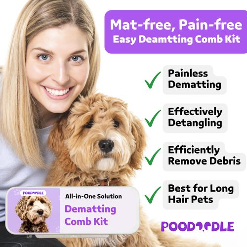 Poodoodle Pain-Free Dematting Comb Kit for Dogs & Cats, Dematting Rake & Detangling Dual-Side Comb Set, Dematting Brush for Dogs & Cats, Pet Grooming Tools Kit for Poodle Doodle & All Long Haired Pets