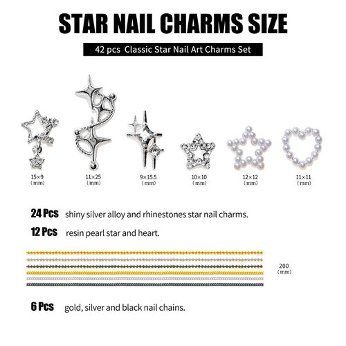 42Pcs Star Nail Charms for Acrylic Nails 3D Silver Alloy Stars Nail Rhinestones Nail Gems Pentagram Pearl Nail Art Chains Crystal Jewelry Nail Tip Manicure Decoration Supplies Craft DIY Accessories