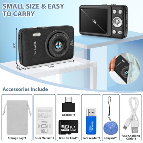 Kids Camera Toys for Boys Girls,Digital Video Camera Toys for Kids with MP3 Music Player and 32GB SD Card,Ideas Birthday Gifts for 4 5 6 7 8 9 10+ Years Old Little Girls and Boys(Black)