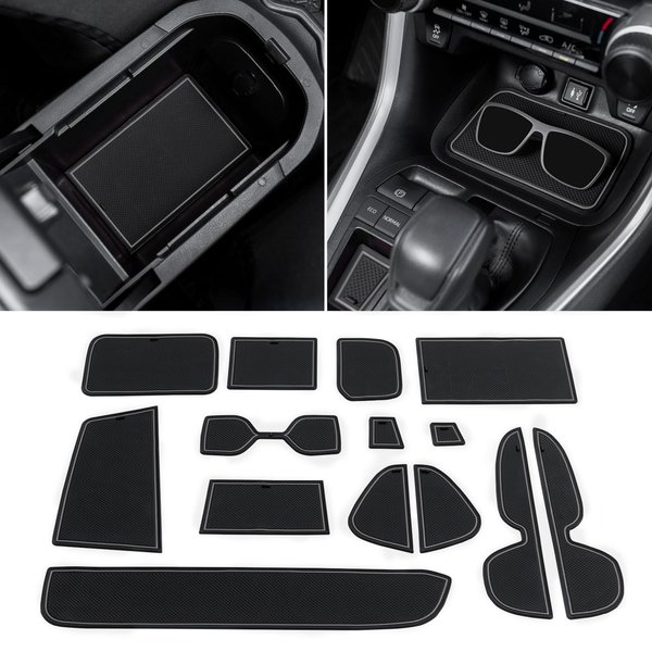 TOPINSTALL Several Colors Liners Compatible with 2019-2024 Toyota RAV4 and 2021-2024 RAV4 Prime, Anti Dust Cup Holder Insert, Premium Center Console Rubber Mat, Door Pocket Pad- 16PCS (Gray Trim)