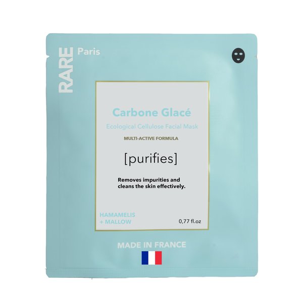 RARE Paris Carbone Glacé Purifying Facial Mask - Purifying Carbon Black Sheet Mask with Hamamelis & Mallow - Purifying, Firming, Revitalizing - Made in France - 1 sheet