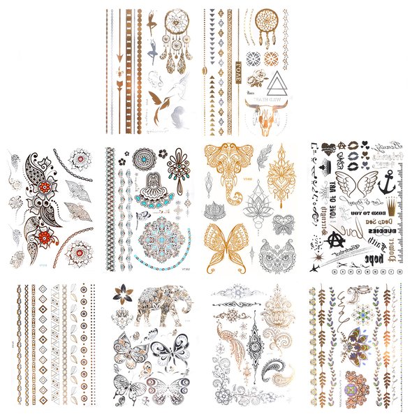 Kare & Kind Temporary Metallic Henna Tattoos for Women Teens Girls - 10 Sheets - Glitter Shimmer Designs Jewelry Fake Tattoo Stickers - 150+ pcs Waterproof Color Flash - Bracelets, Necklace, Anklets