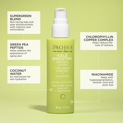 Pacifica Beauty Kale Smoothie Refining Lotion, Skincare, Face Moisturizer, Niacinamide, Vitamin C and E, Minimize Pores, Face Serum, For All Skin Types, Oily, Combination, Vegan, 1.7 fl oz (1 Count)