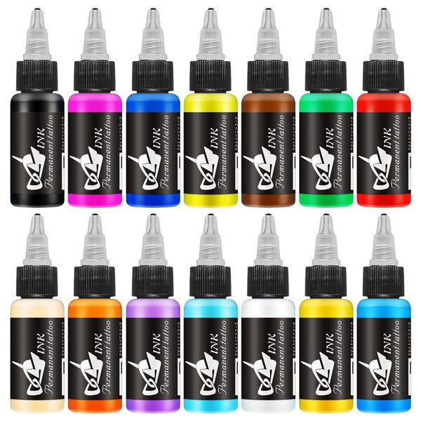 BAODELI 14 Colors 30ml Tattoo Ink Set - Permanent Tattoo Ink for 3D and Traditional Tattoos - Vibrant Tattoo Pigment for Tattoo Artists - Tattoo Ink Kit with 14 Shades of Color.