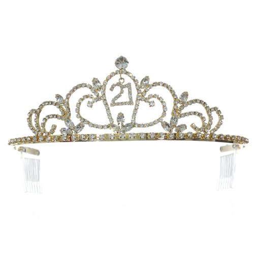 SAMKY Gold Birthday Party Rhinestone Crystal Tiara Crown - 21st 21th Twenty one T1309