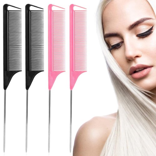 Rat Tail Comb，Parting Comb, Metal Long Steel Pin Rat Tail Combs set，Combs for Hair Stylist，Hair Combs for Women（4Packs,Black|Pink）