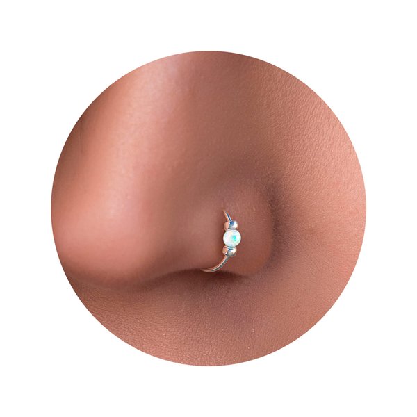 Tiny White Opal Nose Ring – Thin 24 Gauge 7mm nose piercing hoop - 925 sterling silver Nose Hoop – Fire White 2mm Opal - Dainty Gift Wrapped Ready Purchase