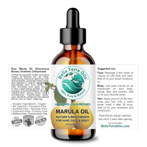 Bella Terra Oils - Marula Facial Oil 2 oz - Rich in Vitamin E & Omega Fatty Acids, Luxurious Oil for Radiant Skin, Cold-Pressed Essence