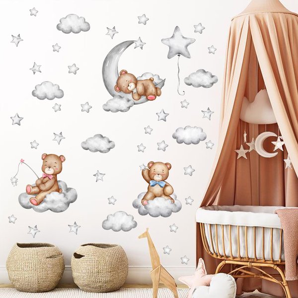 LINZYING Teddy Bear Wall Decals -Teddy Bear Baby Shower Decorations,Bear Stickers for Wall,Care Bear Wall Stickers for Bedroom,Sleeping On The Moon Teddy Bear Kids Wall Decal (Teddy Bear Sticker)