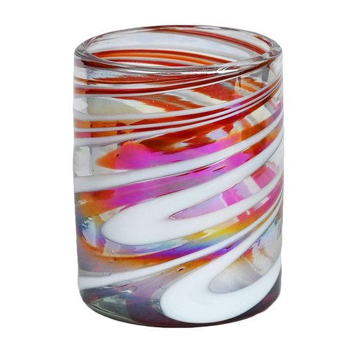 Double Old Fashion, Red Swirl, Set of 4, 12 oz, Hand Blown by Mexican Artisans from 100% Recycled Cola Bottles, Eco-Friendly, Sustainable, Expert Craftsmanship, passed through Family Generations