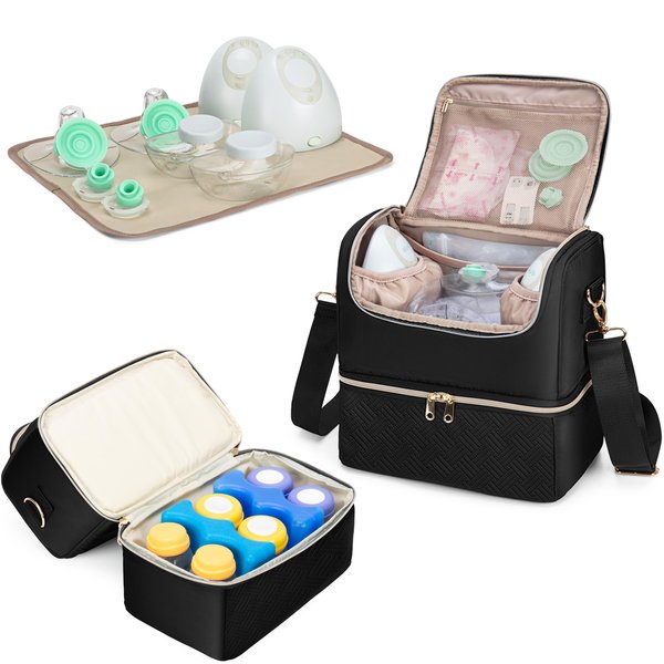 Fasrom Breast Pump Bag with Cooler Compartment Compatible with Elvie and Medela Pump, Wearable Pumping Tote with Crossbody Strap and Waterproof Mat for Work Moms, Black(Empty Bag Only)