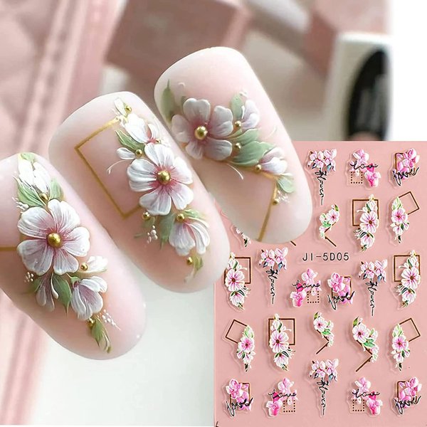 Flower Nail Art Stickers 5D Embossed Spring Summer Nail Stickers Decal Nail Art Supplies for Acrylic Nail Pink White Floral Leaf Cherry Blossom Adhesive Nail Design for Women Girls Manicure Decor