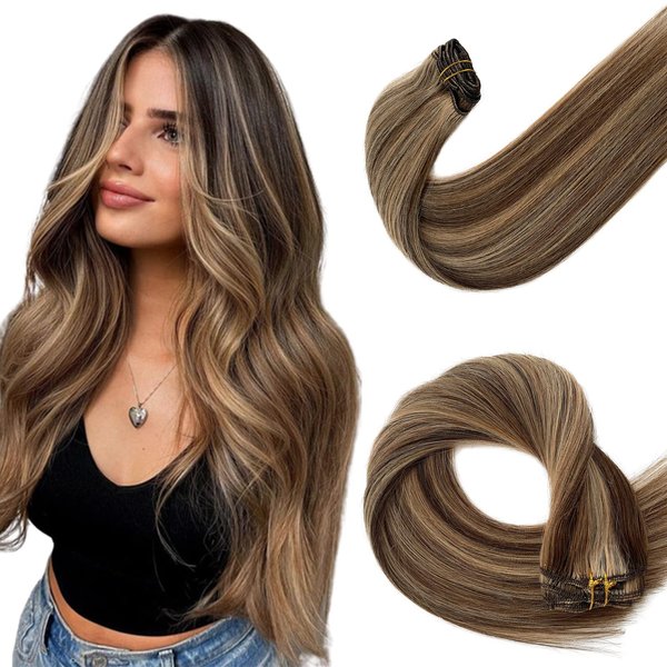 Clip in Hair Extensions Human Hair #4/27 Brown with Highlights Hair Extensions Clip ins Real Human Hair 22 Inch Long Natural Blonde and Brown Balayage Clip in Extensions for Women 70grams 7pcs