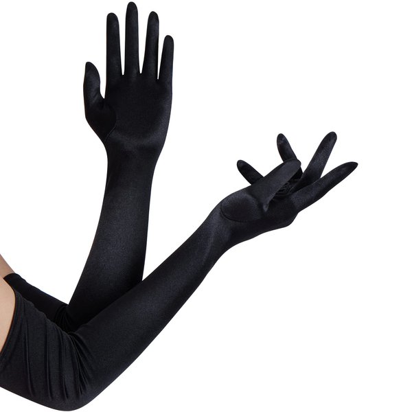 Spooktacular Creations Long Opera Party Gloves 20s Satin Dress Black Gloves for Women, Silk Gloves Stretchy Adult Size Elbow Length Gloves