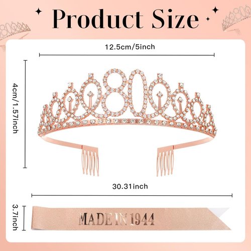 RUMIA Rose Gold 80th Birthday Crown & Sash for Women Glitter 80th Rhinestone Tiara Made in 1944 Sash 80th Birthday Gifts for Women 80th Birthday Decorations Party Supplies