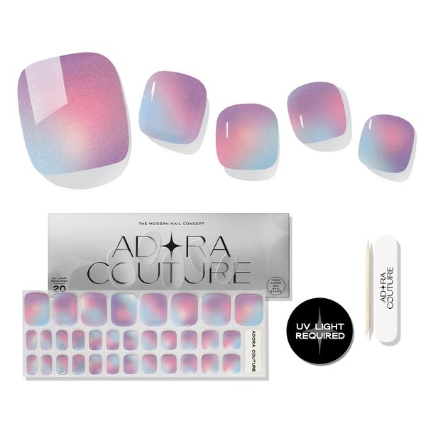 Adora Couture Semi Cured Gel Nail Strips Pedicure Stickers |32pcs Glossy Toe Nail Stickers | Gel Nail Pedi Strips | Gel Nail Wraps Semi Cured | Salon Nails at Home - Requires UV Light (ModDisco P)