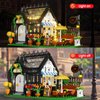 Muiurple Flower House with Coffee Shop Building Set, Outdoor Parasol & Piano Building Kits with Lights, Greenhouse Model Gifts for Her, Home Decoration Office Coffee Bar Display(485 Pieces)