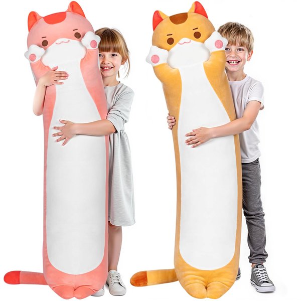 Mewaii Artist-Designed Ultra Soft Long Cat Plush Body Pillow, Extra Stuffing for Comfort, Premium Quality Stuffed Animal Gift for Girlfriend or Cat Lovers (Pink Cat Body Pillow 28 Inch)