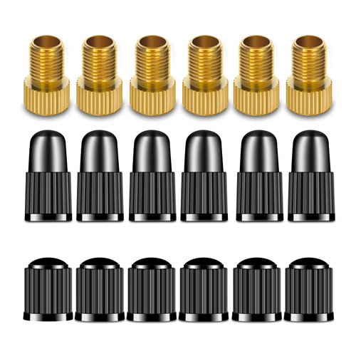6Pcs Presta to Schrader Valve Adaptor and 12Pcs Tire Caps, Convert French/UK to US, Inflate Tire Using Standard Pump or Air Compressor, for Mountain Bikes, Road Bikes and Cars