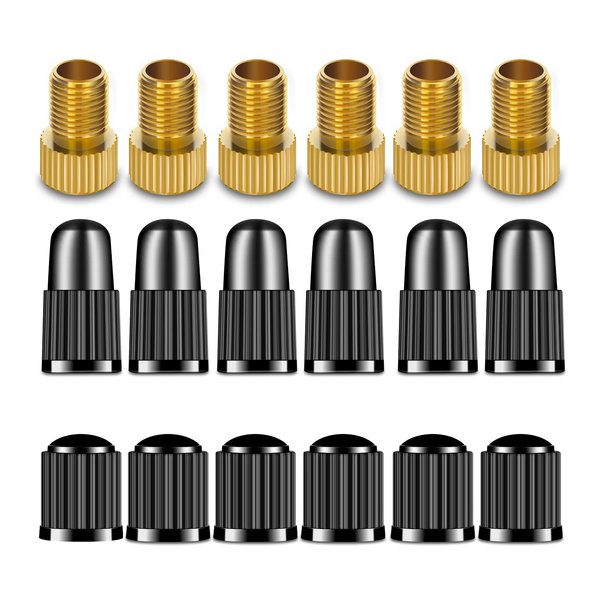 6Pcs Presta to Schrader Valve Adaptor and 12Pcs Tire Caps, Convert French/UK to US, Inflate Tire Using Standard Pump or Air Compressor, for Mountain Bikes, Road Bikes and Cars