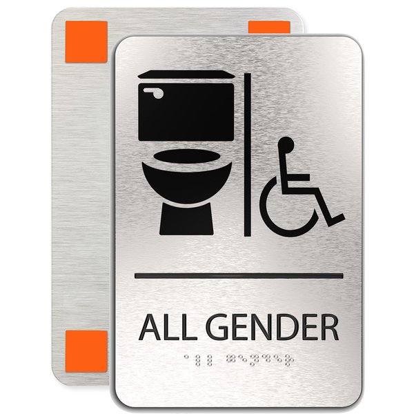 Bathroom Signs | 6x9 inches Restroom Signs for Business, Brushed Aluminum with Braille and Mounting Tape, Easy Do-It-Yourself Install (All Gender Bathroom Sign) Modern Bathroom Sign ADAsigns.org