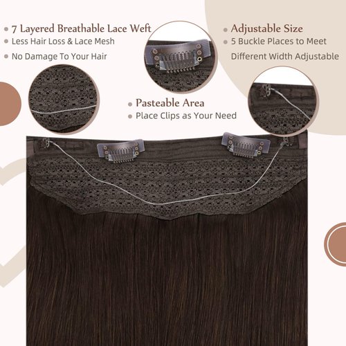 Fshine Wire Hair Extensions Real Human Hair Dark Brown 20 Inch 80g Hairpiece Wire Hair Extensions Straight Human Hair with Transparent Invisible Fish Line Remy Human Hair Extensions