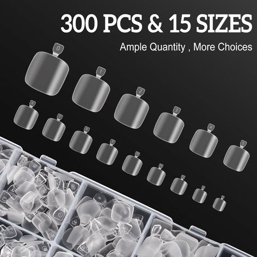 300 Pcs Toe Nail Press Ons in 15 Sizes - Short Square False Nails, Soft Gel x Nail Tips Fake Acrylic Press on Toenails for Nail Extension or Salon-quality Manicures and Pedicures