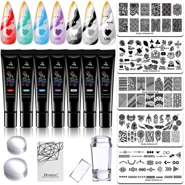 7 Colors Nail Stamping Polish Gel Nail Stamper kit with 5pcs Nail Stamping Plates for Nails Art Stamp Beginners Kit