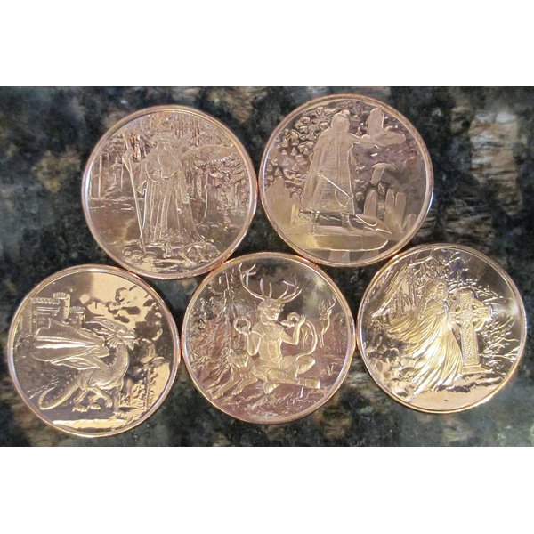 CELTIC LORE:1ozCopperRounds COMPLETE SET, FIVE COINS: Merlin, The Morrigan, The Welsh Red Dragon, Cernunnos, and Banshee